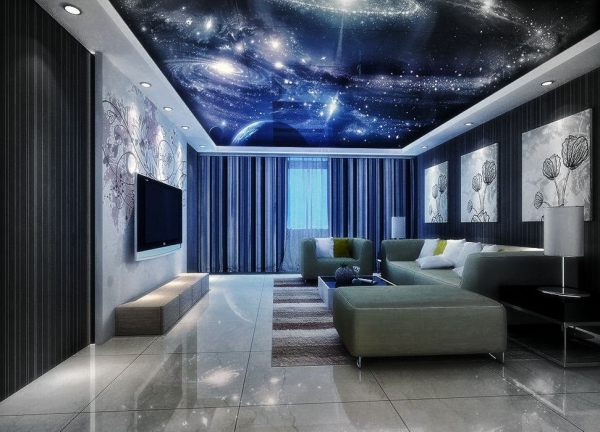 Фото натяжного потолка звёздное небо в гостиную
