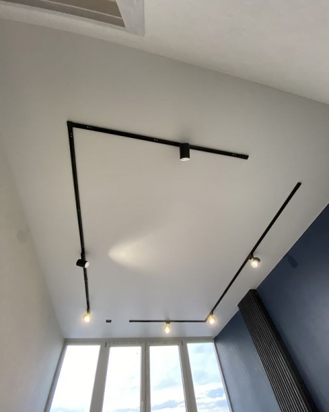 Фото натяжного потолка с трековыми светильниками в зал